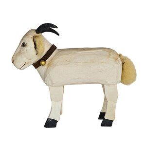 Bob Sprengelmeyer Handcrafted Wooden Goat Figurine With Fluffy Tail Horns Signed